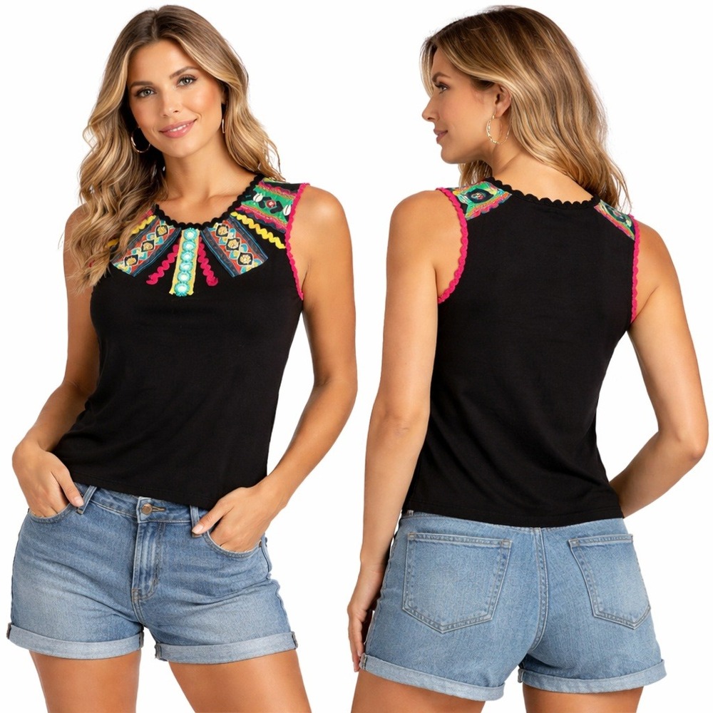 Vintage Moschino Jeans Y2K Embroidered Tribal Cowrie Shell Stretch Top Italy